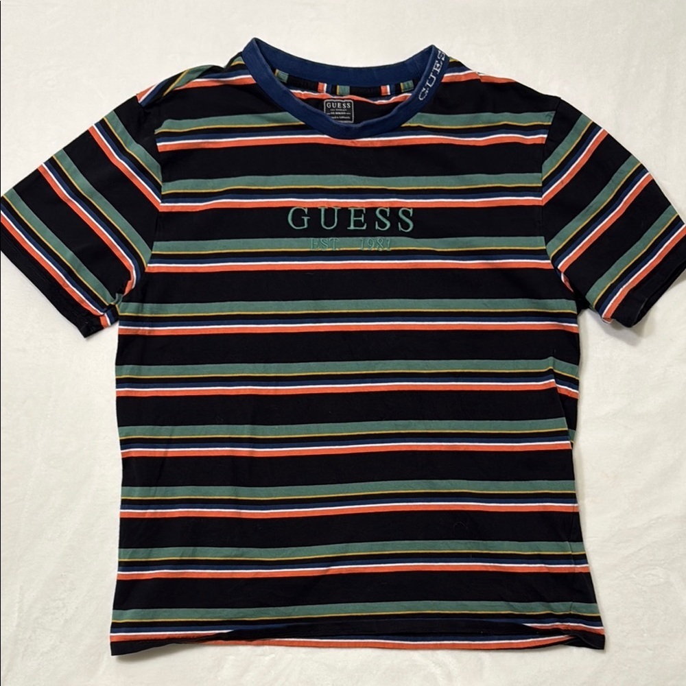 Guess Men’s Blue and Green Short Sleeve Tee Shirt- Vintage Tee- Size Large